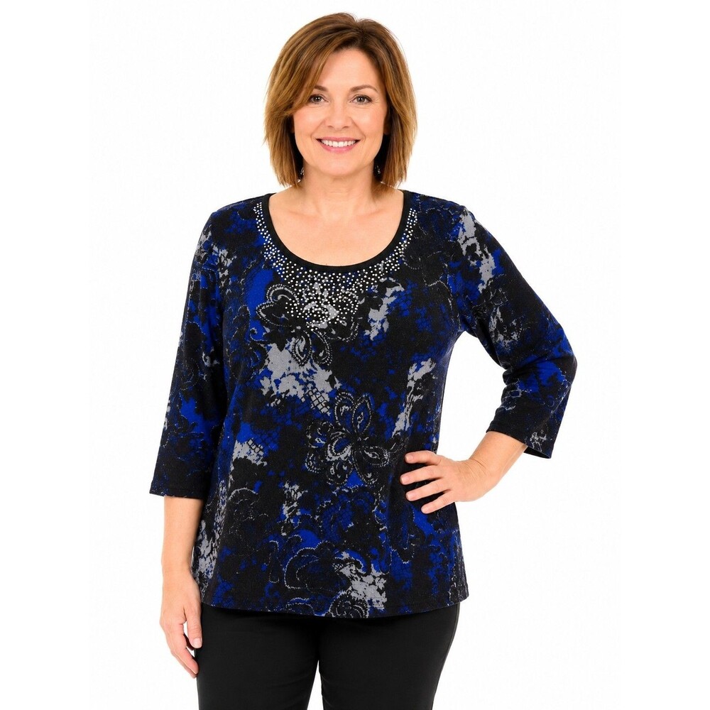 Notations Petite Womens Sweater PL Blue black Floral Stretch Studs 3/4 Sleeve